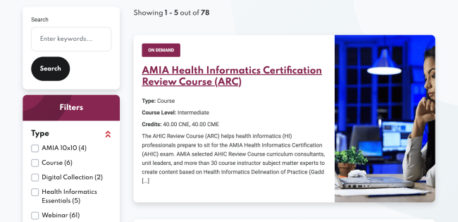 Screenshot of the AMIA website 